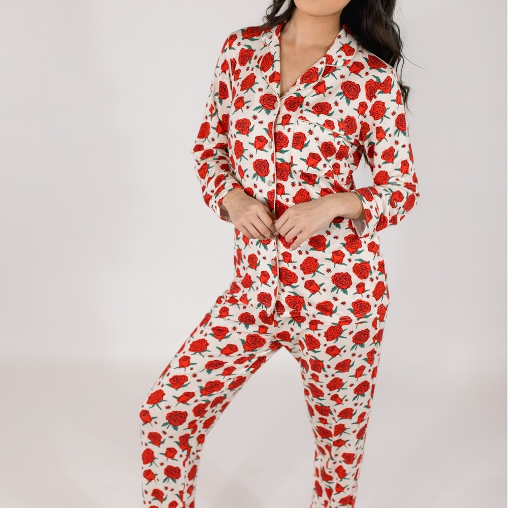 Floral Print Pajama Set - Red and White